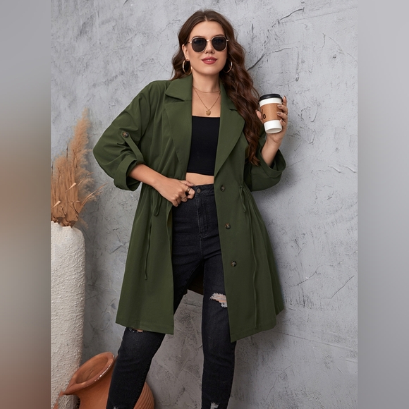 Honey Plus Size Lapel Collar Roll-Tab Sleeve Trench Coat - Picture 2 of 5